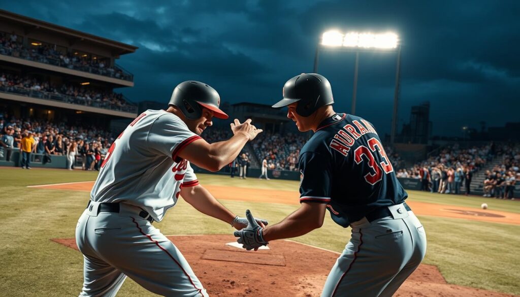 A heated baseball rivalry unfolds on the minor league diamond. In the foreground, two players from opposing teams engage in an intense on-field confrontation, their faces etched with fierce determination. The middle ground captures the roaring crowd, spectators leaning forward in their seats, their expressions a mix of excitement and anticipation. In the background, the stadium looms, its classic architecture and bright lights setting the stage for this clash of regional pride. Dramatic shadows and dynamic lighting create a sense of high-stakes drama, as the players battle for supremacy on the field. The air is thick with the electric energy of a true minor league baseball rivalry. A heated baseball rivalry unfolds on the minor league diamond. In the foreground, two players from opposing teams engage in an intense on-field confrontation, their faces etched with fierce determination. The middle ground captures the roaring crowd, spectators leaning forward in their seats, their expressions a mix of excitement and anticipation. In the background, the stadium looms, its classic architecture and bright lights setting the stage for this clash of regional pride. Dramatic shadows and dynamic lighting create a sense of high-stakes drama, as the players battle for supremacy on the field. The air is thick with the electric energy of a true minor league baseball rivalry.