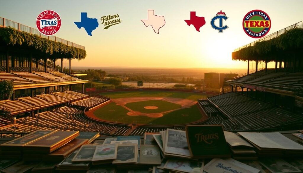 A vintage baseball stadium set against a panoramic view of the Texas landscape, with the silhouettes of historic Texas League team logos floating above in the golden evening light. The worn wooden bleachers and ivy-covered walls evoke the timeless spirit of the minor leagues, while the fading paint and weathered signs hint at the teams of the past. In the foreground, a collection of old baseball cards and memorabilia, carefully arranged to showcase the evolution of these legendary franchises, now scattered across the country. The scene radiates a sense of nostalgia and the enduring legacy of the Texas League, a true icon of America's pastime. A vintage baseball stadium set against a panoramic view of the Texas landscape, with the silhouettes of historic Texas League team logos floating above in the golden evening light. The worn wooden bleachers and ivy-covered walls evoke the timeless spirit of the minor leagues, while the fading paint and weathered signs hint at the teams of the past. In the foreground, a collection of old baseball cards and memorabilia, carefully arranged to showcase the evolution of these legendary franchises, now scattered across the country. The scene radiates a sense of nostalgia and the enduring legacy of the Texas League, a true icon of America's pastime.