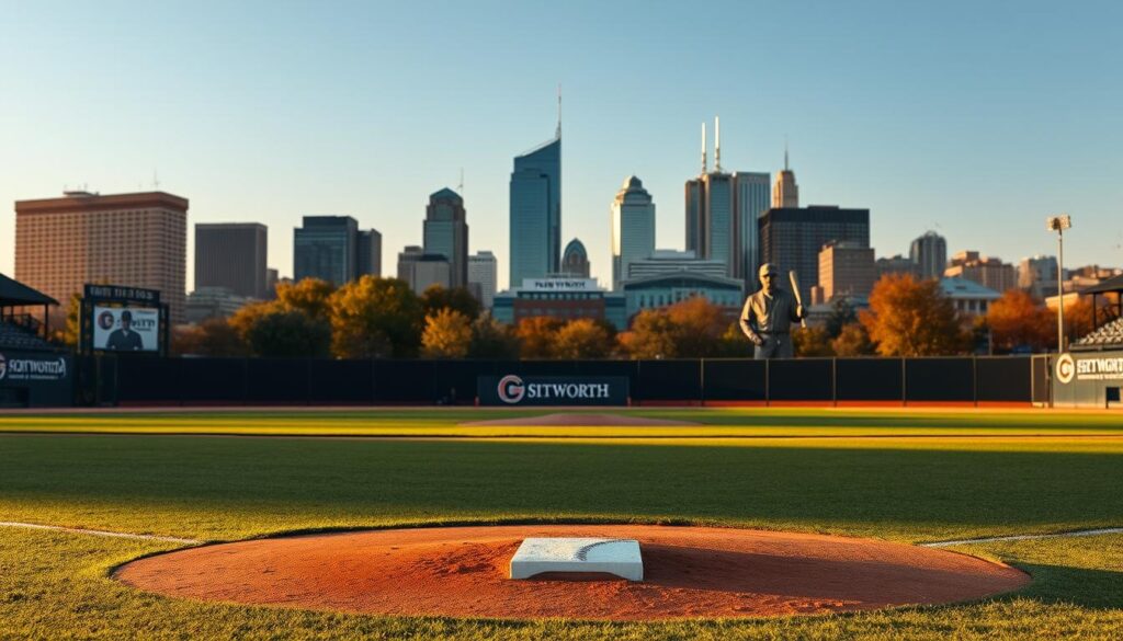 A baseball diamond in the foreground, surrounded by the iconic Fort Worth skyline in the background. The infield is in sharp focus, with the bases and pitcher's mound clearly defined. In the outfield, larger-than-life statues of baseball legends who hailed from Fort Worth stand tall, their stoic gazes watching over the field. Warm, golden sunlight bathes the scene, casting long shadows and creating a nostalgic, timeless atmosphere. The image conveys the rich history and enduring legacy of Fort Worth's baseball icons, who left an indelible mark on the sport.