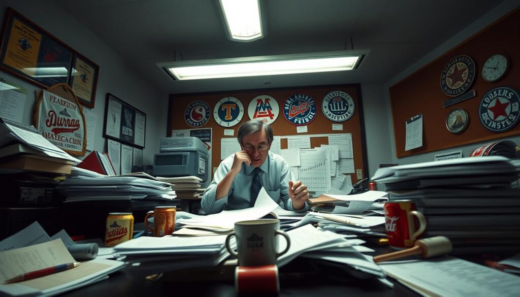 A cluttered desk, papers strewn haphazardly, coffee mugs and empty soda cans scattered amid the chaos. A lone economist, brow furrowed, pores over spreadsheets and financial reports, trying to make sense of the data. The fluorescent lighting casts a clinical glow, underscoring the urgency of the task at hand. In the background, a corkboard displays defunct team logos, a silent testament to the economic forces that have shaped the fortunes of minor league baseball in Texas. A somber, melancholic atmosphere permeates the scene, hinting at the stories of triumph and despair that have unfolded over the years. A cluttered desk, papers strewn haphazardly, coffee mugs and empty soda cans scattered amid the chaos. A lone economist, brow furrowed, pores over spreadsheets and financial reports, trying to make sense of the data. The fluorescent lighting casts a clinical glow, underscoring the urgency of the task at hand. In the background, a corkboard displays defunct team logos, a silent testament to the economic forces that have shaped the fortunes of minor league baseball in Texas. A somber, melancholic atmosphere permeates the scene, hinting at the stories of triumph and despair that have unfolded over the years.