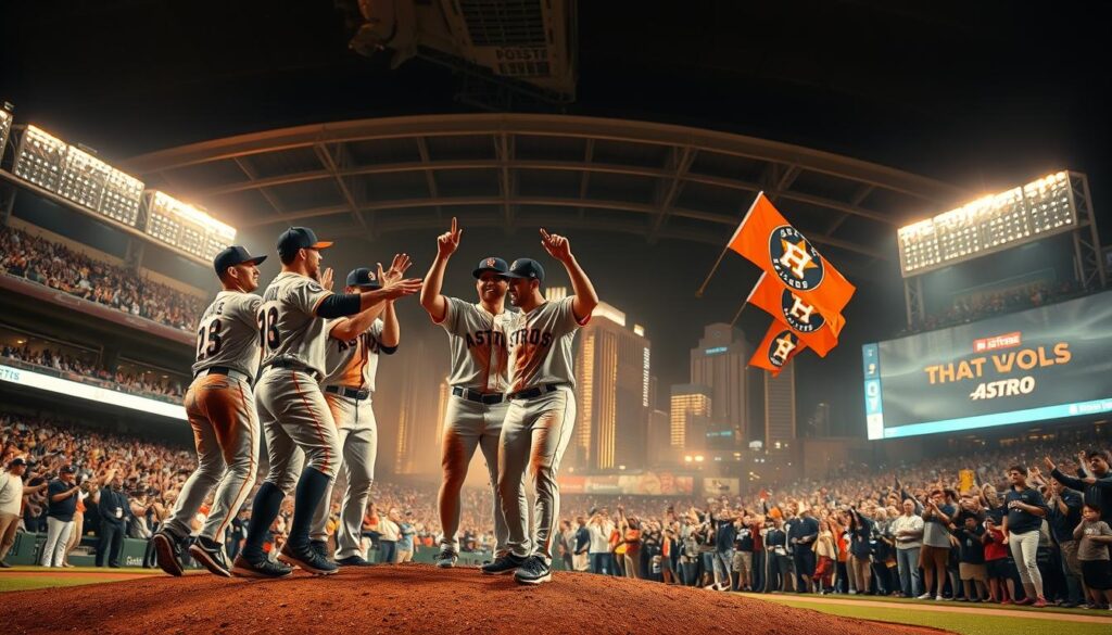 A dramatic, action-packed scene of the Houston Astros' championship season. In the foreground, star players celebrate on the mound, their uniforms dirty and triumphant expressions captured in a cinematic, low-angle shot. The middle ground shows the packed stadium, fans erupting in cheers and waving Astros flags. In the background, the iconic Houston skyline glimmers under dramatic, golden-hued lighting, the stadium's retractable roof partially open. The atmosphere is electric, conveying the thrill and magnitude of the Astros' historic victory. A dramatic, action-packed scene of the Houston Astros' championship season. In the foreground, star players celebrate on the mound, their uniforms dirty and triumphant expressions captured in a cinematic, low-angle shot. The middle ground shows the packed stadium, fans erupting in cheers and waving Astros flags. In the background, the iconic Houston skyline glimmers under dramatic, golden-hued lighting, the stadium's retractable roof partially open. The atmosphere is electric, conveying the thrill and magnitude of the Astros' historic victory.