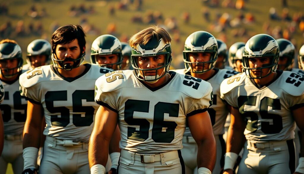A group of athletic, determined-looking football players in vintage Dallas Eagles uniforms, standing on a well-manicured gridiron. The players' faces are distinct, capturing their focus and intensity. Lighting is natural, with a warm, golden hue casting dramatic shadows across their muscular frames. The background is slightly blurred, emphasizing the players as the central subject. The scene conveys the glory days of the Dallas Eagles franchise, evoking a sense of nostalgia and the team's storied past.