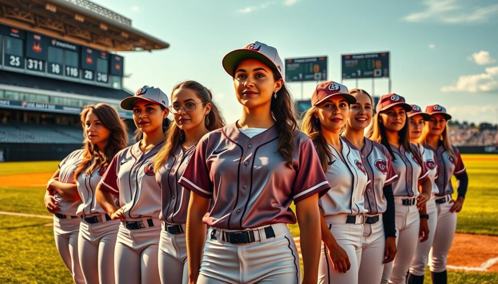 A group of confident, determined women in modern baseball uniforms, their faces resolute and eyes shining with passion. They stand on a well-lit baseball diamond, the sun's golden rays highlighting their athletic figures. In the background, a modern stadium with sleek, curved architecture and electronic scoreboards. The atmosphere is one of inspiration and empowerment, a testament to the trailblazing legacy of women in the sport. A group of confident, determined women in modern baseball uniforms, their faces resolute and eyes shining with passion. They stand on a well-lit baseball diamond, the sun's golden rays highlighting their athletic figures. In the background, a modern stadium with sleek, curved architecture and electronic scoreboards. The atmosphere is one of inspiration and empowerment, a testament to the trailblazing legacy of women in the sport.