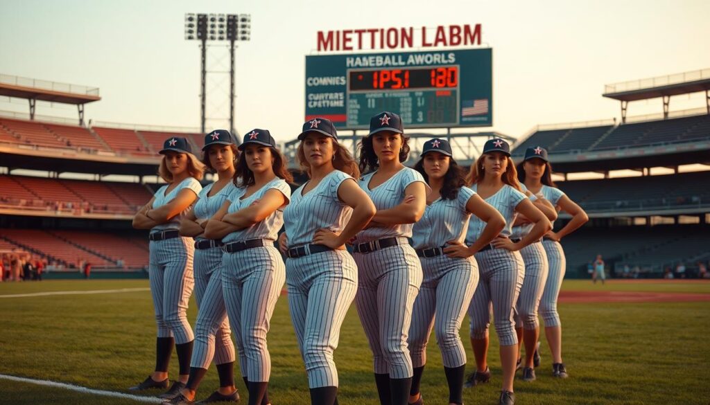 A group of determined women in vintage baseball uniforms, standing proudly on a lush, green baseball field, their faces alight with determination. Captured in a soft, golden-hour light, their muscular frames and athletic poses exude a sense of power and resilience. In the background, a classic American stadium with wooden stands and a retro scoreboard sets the scene, evoking the spirit of the era. The image conveys the grit, passion, and unsung heroism of the AAGPBL Texas women baseball players, ready to showcase their skills and leave a lasting legacy. A group of determined women in vintage baseball uniforms, standing proudly on a lush, green baseball field, their faces alight with determination. Captured in a soft, golden-hour light, their muscular frames and athletic poses exude a sense of power and resilience. In the background, a classic American stadium with wooden stands and a retro scoreboard sets the scene, evoking the spirit of the era. The image conveys the grit, passion, and unsung heroism of the AAGPBL Texas women baseball players, ready to showcase their skills and leave a lasting legacy.