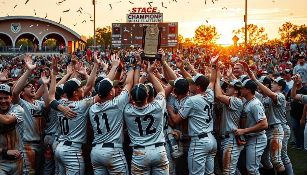 A jubilant crowd of high school baseball champions, their uniforms streaked with dirt and sweat, celebrate their hard-earned victory on the diamond. In the foreground, players embrace, hoisting the championship trophy high as their elated teammates surround them, hands raised in triumph. Confetti rains down, catching the warm evening light. In the middle ground, coaches and fans erupt in cheers, their faces beaming with pride. The background features the iconic arches and scoreboard of the state championship stadium, bathed in a golden glow as the setting sun casts a celebratory atmosphere over the scene. A jubilant crowd of high school baseball champions, their uniforms streaked with dirt and sweat, celebrate their hard-earned victory on the diamond. In the foreground, players embrace, hoisting the championship trophy high as their elated teammates surround them, hands raised in triumph. Confetti rains down, catching the warm evening light. In the middle ground, coaches and fans erupt in cheers, their faces beaming with pride. The background features the iconic arches and scoreboard of the state championship stadium, bathed in a golden glow as the setting sun casts a celebratory atmosphere over the scene.