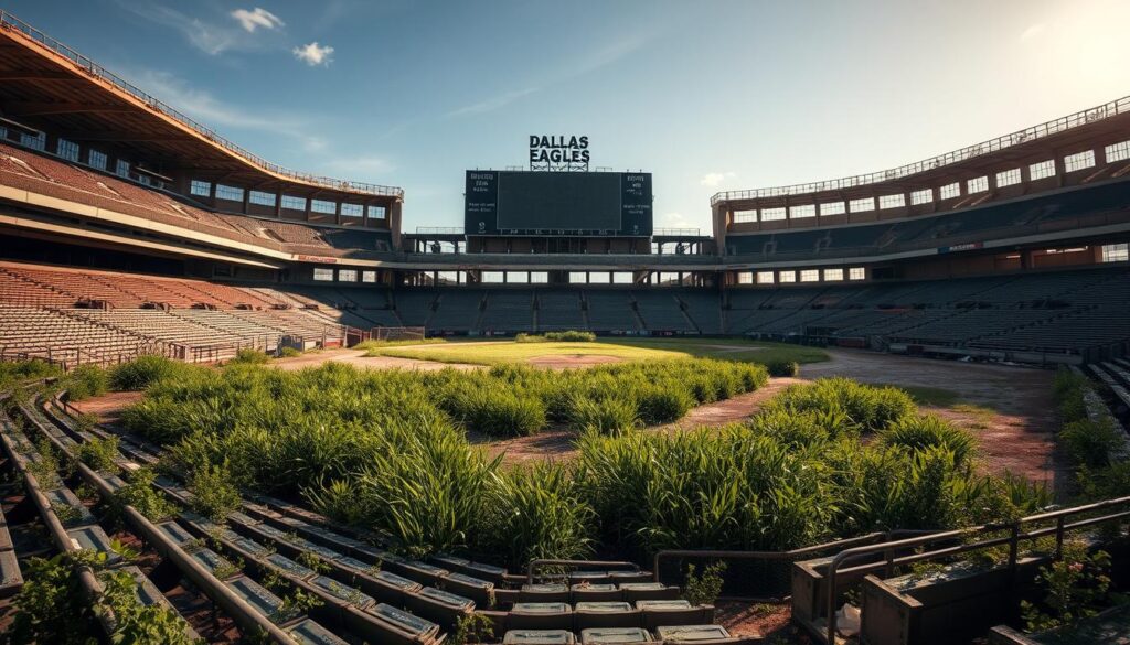 A once-vibrant baseball stadium, its stands now empty and decaying. Dusty dugouts, unkempt outfield, and a scoreboard frozen in time. Overgrown weeds creep through the crumbling concrete, a melancholic testament to the Dallas Eagles' fallen glory. Sunlight filters through dilapidated bleachers, casting long shadows across the neglected field, as if mourning the team's demise. The stadium's once-proud facade is now weathered and faded, a solitary figure standing amid the urban decay, a haunting reminder of the city's fallen sports dynasty.
