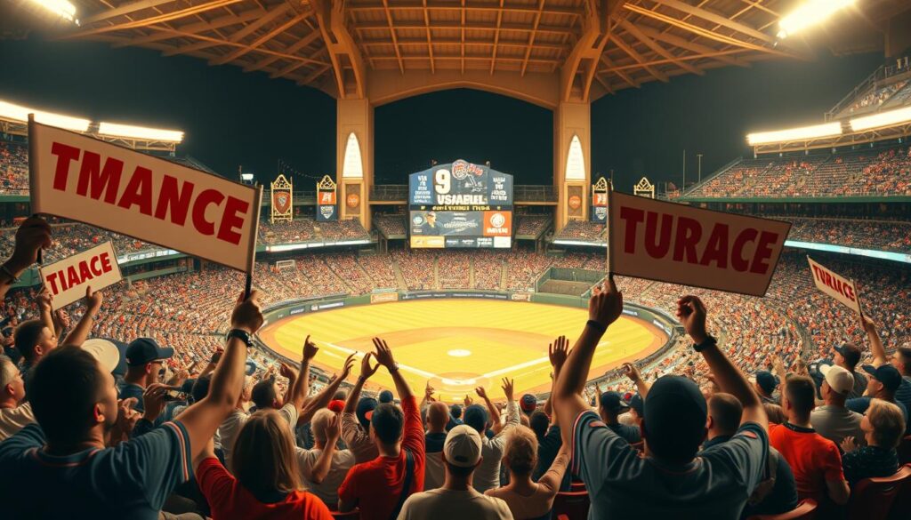 A vibrant and immersive MLB fan experience unfolds within a bustling ballpark. In the foreground, passionate fans decked in team colors cheer and wave their emblazoned banners, their faces alight with exhilaration. The middle ground reveals a panoramic view of the field, where players engage in an intense game, their movements captured in dynamic motion. Towering in the background, the stadium's grand architecture frames the scene, its arched entrances and architectural details evoking the timeless legacy of America's pastime. Warm, golden lighting bathes the entire composition, infusing the atmosphere with a nostalgic, celebratory ambiance that captures the heart and soul of the MLB fan experience. A vibrant and immersive MLB fan experience unfolds within a bustling ballpark. In the foreground, passionate fans decked in team colors cheer and wave their emblazoned banners, their faces alight with exhilaration. The middle ground reveals a panoramic view of the field, where players engage in an intense game, their movements captured in dynamic motion. Towering in the background, the stadium's grand architecture frames the scene, its arched entrances and architectural details evoking the timeless legacy of America's pastime. Warm, golden lighting bathes the entire composition, infusing the atmosphere with a nostalgic, celebratory ambiance that captures the heart and soul of the MLB fan experience.