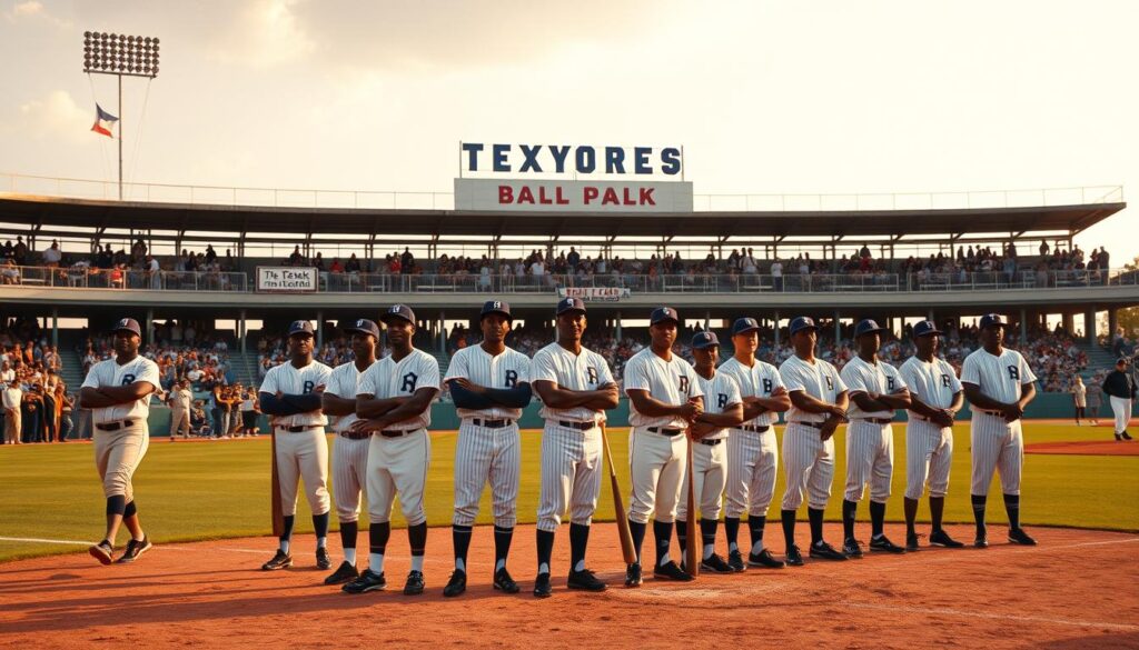 A vibrant outdoor scene depicting historic Texas Black baseball teams in the mid-20th century. In the foreground, a group of players in crisp uniforms stand proudly on a well-manicured diamond, bats in hand and expressions of determination. In the middle ground, fans fill the bleachers, their faces animated with excitement. The background showcases the distinctive architecture of a classic Texas ballpark, bathed in warm, golden light. The atmosphere is one of camaraderie, perseverance, and the thrilling spirit of America's pastime, capturing the legacy of these trailblazing teams who broke barriers and inspired generations. A vibrant outdoor scene depicting historic Texas Black baseball teams in the mid-20th century. In the foreground, a group of players in crisp uniforms stand proudly on a well-manicured diamond, bats in hand and expressions of determination. In the middle ground, fans fill the bleachers, their faces animated with excitement. The background showcases the distinctive architecture of a classic Texas ballpark, bathed in warm, golden light. The atmosphere is one of camaraderie, perseverance, and the thrilling spirit of America's pastime, capturing the legacy of these trailblazing teams who broke barriers and inspired generations.