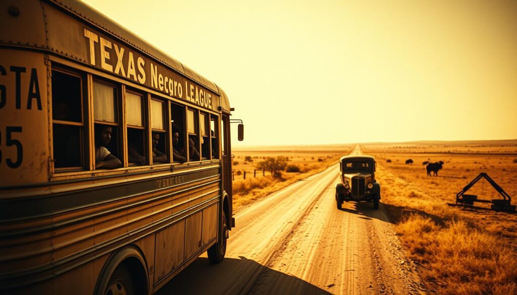 A vintage, sepia-toned image of a Texas Negro League team's bus traveling down a dusty, rural road. In the foreground, the bus is depicted in meticulous detail, its worn exterior and sturdy, utilitarian design capturing the resilience and determination of its passengers. The middle ground features the team members, their expressions a mixture of weariness and pride, as they gaze out the windows at the passing landscape. In the background, the vast, sun-drenched Texas countryside stretches out, a symbol of the challenges and triumphs these players faced in pursuit of their dreams. The scene is illuminated by a warm, golden light, conveying a sense of nostalgia and the perseverance of the human spirit. A vintage, sepia-toned image of a Texas Negro League team's bus traveling down a dusty, rural road. In the foreground, the bus is depicted in meticulous detail, its worn exterior and sturdy, utilitarian design capturing the resilience and determination of its passengers. The middle ground features the team members, their expressions a mixture of weariness and pride, as they gaze out the windows at the passing landscape. In the background, the vast, sun-drenched Texas countryside stretches out, a symbol of the challenges and triumphs these players faced in pursuit of their dreams. The scene is illuminated by a warm, golden light, conveying a sense of nostalgia and the perseverance of the human spirit.