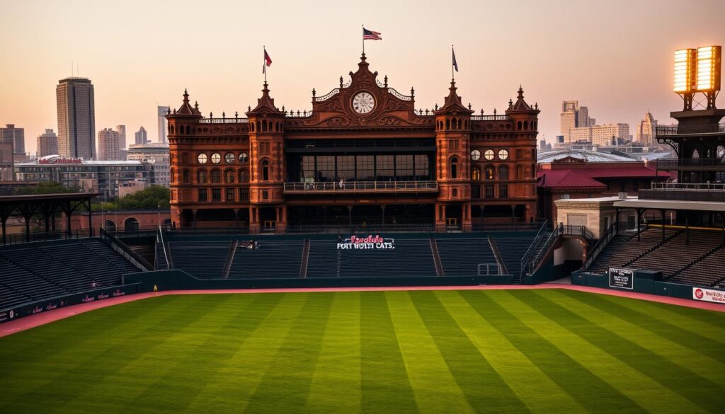 An ornate, early 20th-century baseball stadium nestled in the heart of Fort Worth, Texas. The Fort Worth Cats historic ballpark stands tall, its grand facade adorned with intricate architectural details. Lush green grass covers the well-manicured playing field, while rows of wooden bleachers and grandstand seats provide a vintage ambiance. Soft, warm lighting illuminates the scene, casting a golden glow over the scene. In the background, the city skyline rises, a testament to the ballpark's enduring place in the local community. The atmosphere is one of nostalgia and timeless sporting tradition, capturing the essence of the Fort Worth Cats' illustrious history. An ornate, early 20th-century baseball stadium nestled in the heart of Fort Worth, Texas. The Fort Worth Cats historic ballpark stands tall, its grand facade adorned with intricate architectural details. Lush green grass covers the well-manicured playing field, while rows of wooden bleachers and grandstand seats provide a vintage ambiance. Soft, warm lighting illuminates the scene, casting a golden glow over the scene. In the background, the city skyline rises, a testament to the ballpark's enduring place in the local community. The atmosphere is one of nostalgia and timeless sporting tradition, capturing the essence of the Fort Worth Cats' illustrious history.