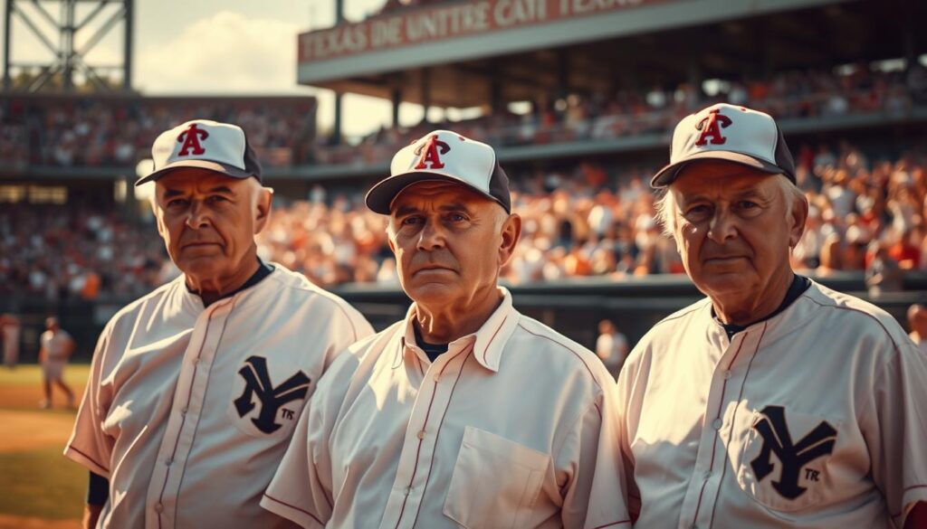 Weathered Texas baseball diamond, sun-drenched and alive with the energy of the game. In the foreground, three legendary coaches stand shoulder-to-shoulder, their expressions stoic yet commanding. Dressed in crisp uniforms, their faces etched with the wisdom of decades spent shaping young lives through America's pastime. Behind them, the crowd roars, a blur of color and excitement, a testament to the legacies these icons have built. Soft, golden light bathes the scene, lending an air of timeless reverence to the moment, as if these coaches have transcended the field and become living embodiments of Texas' proud baseball heritage. Weathered Texas baseball diamond, sun-drenched and alive with the energy of the game. In the foreground, three legendary coaches stand shoulder-to-shoulder, their expressions stoic yet commanding. Dressed in crisp uniforms, their faces etched with the wisdom of decades spent shaping young lives through America's pastime. Behind them, the crowd roars, a blur of color and excitement, a testament to the legacies these icons have built. Soft, golden light bathes the scene, lending an air of timeless reverence to the moment, as if these coaches have transcended the field and become living embodiments of Texas' proud baseball heritage.