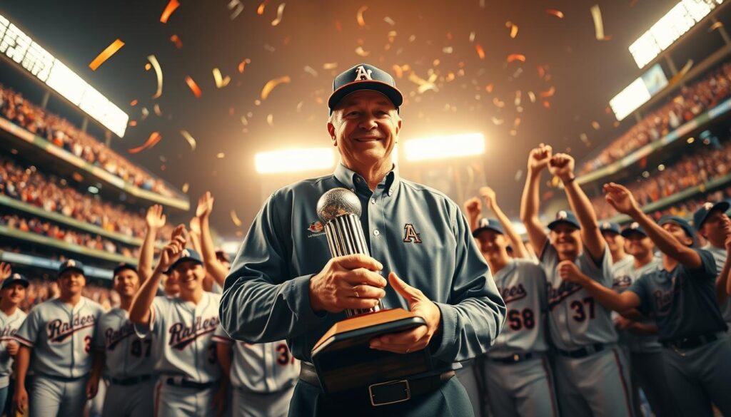 A dynamic and inspirational scene depicting a legendary Texas-born MLB manager standing proudly in the foreground, wearing a classic baseball cap and professional attire, holding a championship trophy. The manager exudes determination and leadership, with a warm smile. In the middle ground, a celebratory baseball team gathers around, wearing jerseys, with expressions of joy and triumph, their arms raised in victory. The background features a vibrant baseball stadium filled with enthusiastic fans, confetti falling from above, and bright stadium lights illuminating the scene. Capture the essence of achievement and legacy, with a warm, golden sunset casting a nostalgic glow over the moment, evoking feelings of pride and historical significance. The angle should be slightly low to enhance the grandeur of the scene. A dynamic and inspirational scene depicting a legendary Texas-born MLB manager standing proudly in the foreground, wearing a classic baseball cap and professional attire, holding a championship trophy. The manager exudes determination and leadership, with a warm smile. In the middle ground, a celebratory baseball team gathers around, wearing jerseys, with expressions of joy and triumph, their arms raised in victory. The background features a vibrant baseball stadium filled with enthusiastic fans, confetti falling from above, and bright stadium lights illuminating the scene. Capture the essence of achievement and legacy, with a warm, golden sunset casting a nostalgic glow over the moment, evoking feelings of pride and historical significance. The angle should be slightly low to enhance the grandeur of the scene.