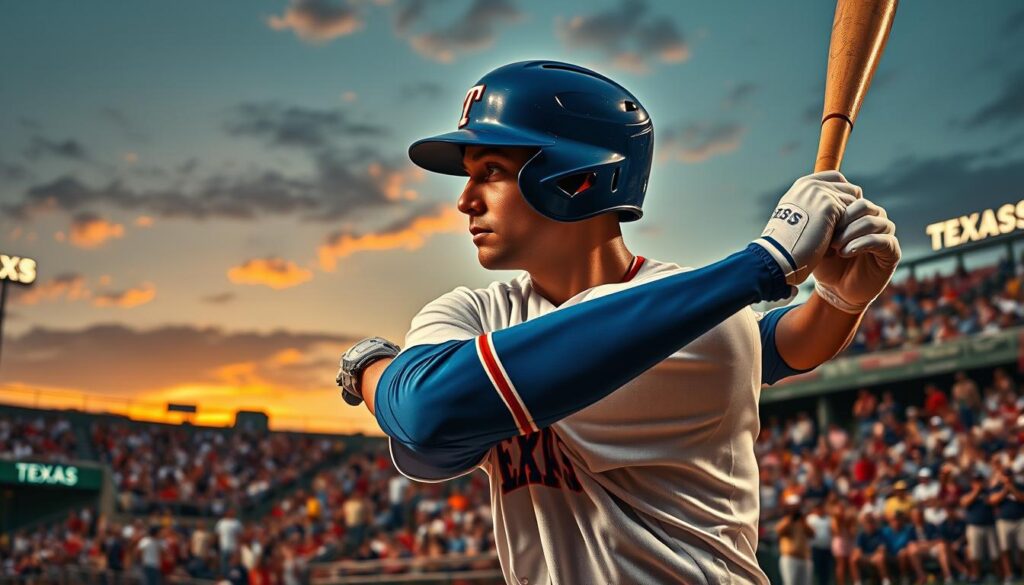 A dynamic baseball scene capturing the essence of defining moments in Texas baseball careers. In the foreground, a Texas player in a classic blue and white uniform, poised to swing a bat with intense focus, sweat glistening on their brow. The middle ground features a crowded stadium filled with enthusiastic fans, waving colorful banners and wearing team caps, conveying a palpable energy of anticipation. In the background, a picturesque sunset highlights the iconic Texas skyline, with hints of a baseball diamond silhouetted. The lighting is warm and dramatic, casting elongated shadows that evoke nostalgia. The composition is framed using a slightly low-angle perspective, emphasizing the player’s determination as a turning point in their career. The mood is triumphant and electric, celebrating pivotal moments in sports history. A dynamic baseball scene capturing the essence of defining moments in Texas baseball careers. In the foreground, a Texas player in a classic blue and white uniform, poised to swing a bat with intense focus, sweat glistening on their brow. The middle ground features a crowded stadium filled with enthusiastic fans, waving colorful banners and wearing team caps, conveying a palpable energy of anticipation. In the background, a picturesque sunset highlights the iconic Texas skyline, with hints of a baseball diamond silhouetted. The lighting is warm and dramatic, casting elongated shadows that evoke nostalgia. The composition is framed using a slightly low-angle perspective, emphasizing the player’s determination as a turning point in their career. The mood is triumphant and electric, celebrating pivotal moments in sports history.