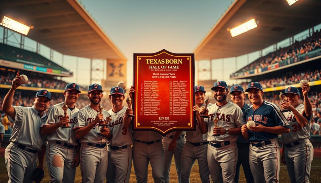 A dynamic composition showcasing Texas-born baseball players celebrating their milestone achievements in a Hall of Fame style. In the foreground, a diverse group of players, including both men and women in professional baseball uniforms, are joyfully holding trophies and baseballs, displaying their awards. In the middle, a vibrant, illuminated plaque with engraved milestones stands prominently, symbolizing their achievements. The background features a vintage baseball stadium atmosphere, enhanced by warm golden hour lighting casting a nostalgic glow. A shallow depth of field focuses on the players and awards, while the stadium's enthusiastic crowd softly blurs, creating an uplifting atmosphere of pride and accomplishment.