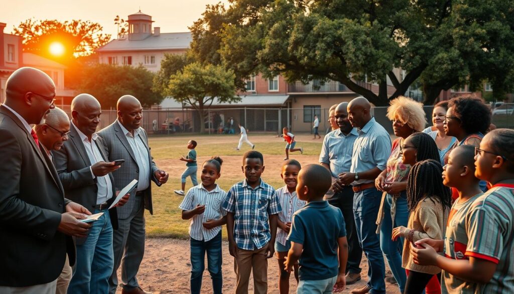 A dynamic scene showcasing the profound societal impact of figures from the Negro Leagues, centered on a diverse group of people gathered in a vibrant Texas neighborhood. In the foreground, a group of African American men and women, dressed in smart casual attire, engage with local youth, sharing stories and inspiring them with baseball memorabilia. In the middle, you see an old-fashioned baseball diamond, symbolizing the connection between community and sport, with children playing and laughing, capturing the joy and unity fostered by the league. The background features historic buildings and trees, under a warm sunset that bathes the scene in golden light, creating a sense of nostalgia and hope. The composition should evoke a mood of empowerment, inspiration, and community spirit. The angle is slightly elevated to capture the full essence of the gathering.