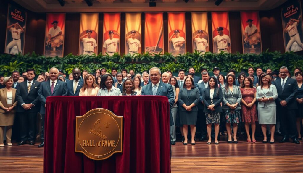A grand Hall of Fame induction ceremony, showcasing a visually stunning setting. In the foreground, a polished wooden podium draped with a rich burgundy cloth, featuring a gleaming golden plaque engraved with the words "Hall of Fame." To the left, a diverse group of well-dressed inductees, clad in professional attire, embodying pride and achievement. In the middle ground, the audience is captivated, their expressions reflecting admiration and joy. The background features elegant banners adorned with historic baseball imagery and lush greenery, adding vibrancy. Warm, ambient lighting bathes the scene, creating a celebratory atmosphere reminiscent of a momentous occasion. A wide-angle perspective emphasizes the grandeur of the event without any text, ensuring focus on the ceremony's emotional essence.