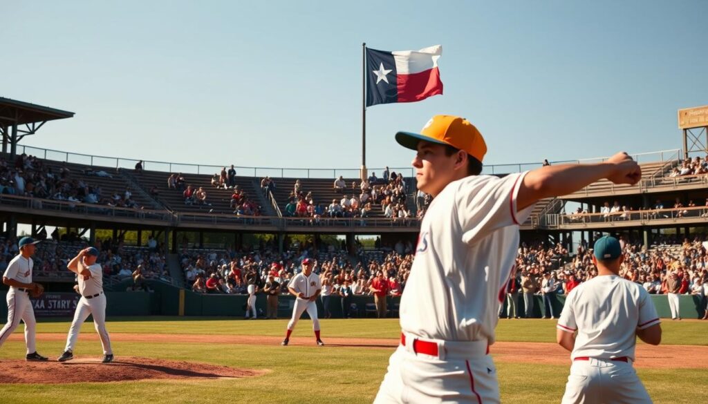 A historic Texas baseball field during a state championship game, showcasing a dynamic scene with players in vintage 1950s baseball uniforms, featuring bright white shirts and colored caps. In the foreground, a pitcher winds up for a crucial throw, while in the middle ground, a diverse group of spectators, dressed in casually classic attire, catches the excitement of the game, with hats and gloves on display. The background is filled with rustic wooden bleachers and a Texas flag fluttering in the breeze against a clear blue sky, depicting a warm afternoon. The lighting is golden and warm, resembling the late afternoon sun, casting soft shadows and creating a nostalgic, triumphant atmosphere, evoking the rich history of Texas baseball dynasties. A historic Texas baseball field during a state championship game, showcasing a dynamic scene with players in vintage 1950s baseball uniforms, featuring bright white shirts and colored caps. In the foreground, a pitcher winds up for a crucial throw, while in the middle ground, a diverse group of spectators, dressed in casually classic attire, catches the excitement of the game, with hats and gloves on display. The background is filled with rustic wooden bleachers and a Texas flag fluttering in the breeze against a clear blue sky, depicting a warm afternoon. The lighting is golden and warm, resembling the late afternoon sun, casting soft shadows and creating a nostalgic, triumphant atmosphere, evoking the rich history of Texas baseball dynasties.