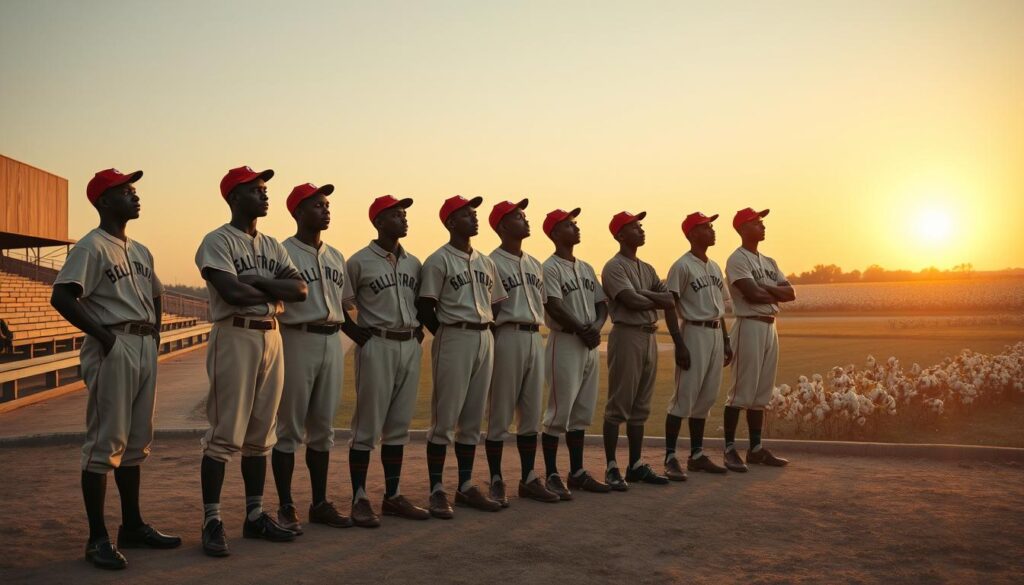A historical photo depicting the prominent Texas teams of the Negro Leagues. In the foreground, a group of African American baseball players wearing vintage uniforms, including caps and cleats, stand proudly, showcasing their camaraderie and spirit. The middle ground features a rustic baseball field with vintage seating and wooden bleachers, capturing the essence of 1930s-1940s baseball culture. In the background, a faded Texas landscape under a golden sunset, with cotton fields gently swaying, adds depth to the scene. The lighting is warm and soft, evoking nostalgia. The angle captures the players looking towards the horizon, symbolizing hope and perseverance. Overall, the mood is reverent and uplifting, honoring the legacy of these unsung heroes.