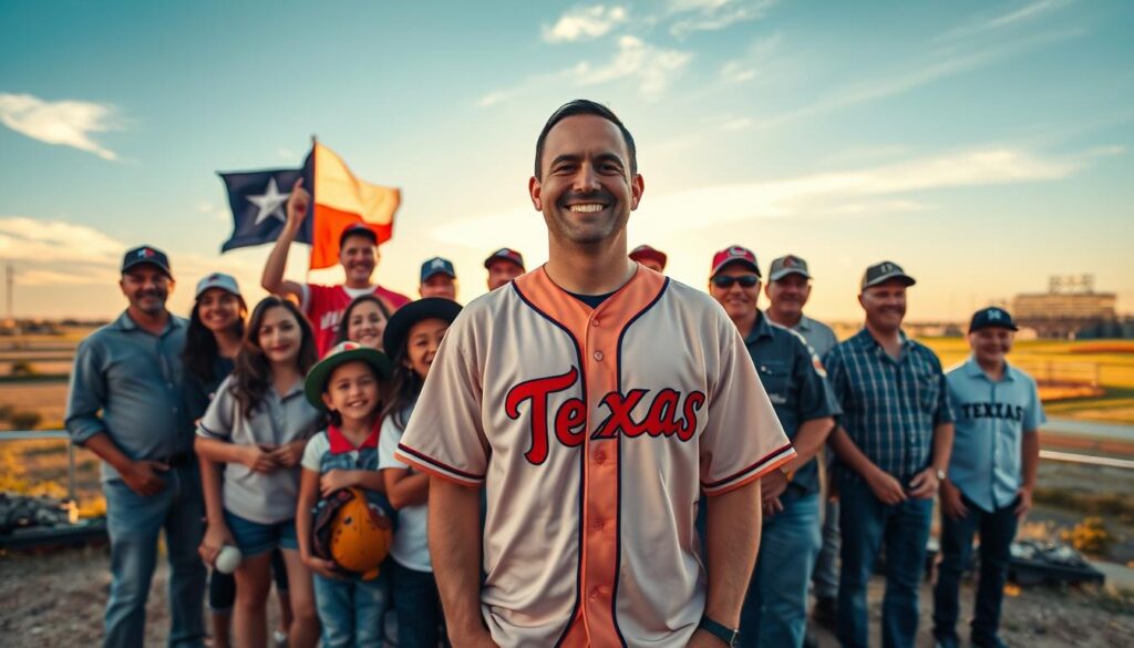 A proud Texas community celebrating its hometown hero, an MLB star, stands at the forefront of the image. The hero, wearing a classic baseball jersey with the local team’s colors, stands confidently with a warm smile, surrounded by diverse fans of all ages, dressed in modest casual clothing, expressing admiration. In the middle ground, a small group of children holds baseball gloves and hats, exuding excitement as they look up to their idol. The background captures a vibrant Texas landscape, with iconic elements like a blue sky, expansive fields, and a distant silhouette of a baseball stadium. The scene is bathed in golden hour lighting, creating a warm, joyous atmosphere, evoking feelings of community pride and inspiration. The angle is slightly elevated, giving a view of both the hero and the adoring community behind them.
