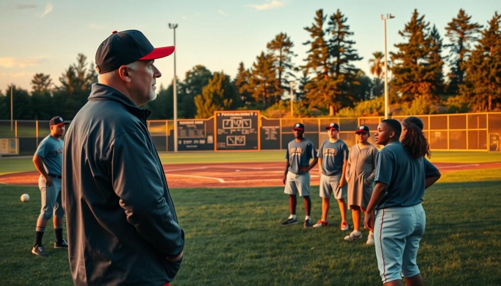 A serene baseball training field at dusk, with warm golden hour lighting casting long shadows and highlighting the green grass. In the foreground, a focused baseball coach in a professional jacket and cap, engaged in a thoughtful discussion with a group of diverse young athletes in modest athletic attire; their faces reflect determination and curiosity. In the middle ground, a chalkboard displays strategic plays and psychological insights, symbolizing the integration of mental training in physical performance. The background features a rustic baseball diamond, hinting at a storied history, surrounded by tall, whispering trees under a soft, painted sky. The mood is one of inspiration and growth, emphasizing innovation in coaching and the mental aspect of the game.