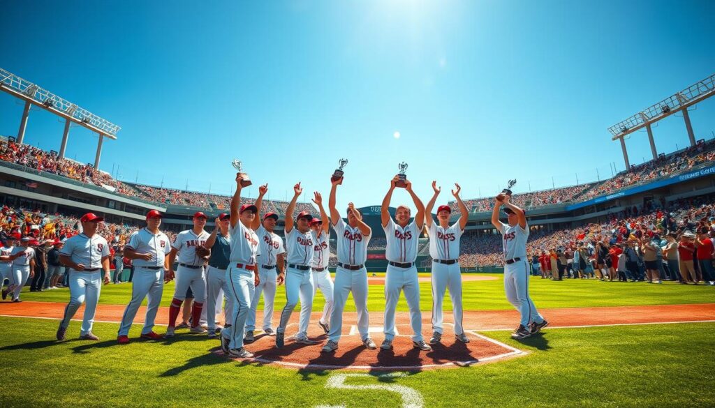 A vibrant college baseball championship scene set in a packed stadium under bright, clear blue skies. In the foreground, a diverse group of young athletes in professional uniforms is celebrating a recent victory, with joyful expressions and raised trophies. Midground features a well-maintained baseball diamond, complete with freshly chalked lines and lush green grass. Background shows enthusiastic fans in the stands, waving banners and wearing team colors, capturing the electric atmosphere. The lighting is bright and vivid, emphasizing the energy of the scene, while a wide-angle lens captures the depth of the stadium. The mood is triumphant and spirited, reflecting the passion and excitement of college sports.