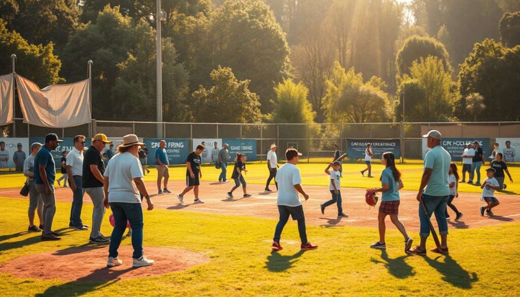 A vibrant community baseball field during a sunny afternoon, filled with families and children engaging in various charitable activities. In the foreground, a diverse group of volunteers, dressed in modest casual clothing, are organizing a youth clinic, helping kids learn baseball fundamentals. The middle ground features young players practicing with equipment generously donated by local MLB stars, who are depicted as inspirational figures in action. In the background, banners showcasing community initiatives are gently swaying in the breeze, with trees lining the field. Soft, golden sunlight filters through, creating a warm and inviting atmosphere that emphasizes the joy of giving back and community spirit. The overall mood is uplifting and inspiring, capturing the essence of teamwork and legacy within the baseball community.
