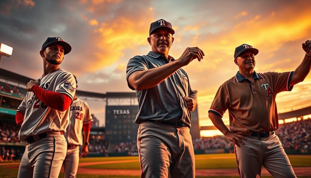 A vibrant scene capturing the essence of Texas baseball dynasties, featuring key players and coaches in a dynamic composition. In the foreground, three diverse male and female players in professional baseball uniforms showcase their determination and skills, while an experienced male coach gestures passionately, wearing a Texas baseball cap and a polo shirt. The middle ground highlights an iconic Texas baseball stadium, its grandstands filled with enthusiastic fans. The background features a dramatic sunset, painting the sky in warm orange and purple hues, creating an energetic and inspiring atmosphere. The lighting is soft yet impactful, casting long shadows that emphasize the players’ strength. The angle is slightly low, evoking a sense of grandeur, as if celebrating their legacy under the Texas sun. A vibrant scene capturing the essence of Texas baseball dynasties, featuring key players and coaches in a dynamic composition. In the foreground, three diverse male and female players in professional baseball uniforms showcase their determination and skills, while an experienced male coach gestures passionately, wearing a Texas baseball cap and a polo shirt. The middle ground highlights an iconic Texas baseball stadium, its grandstands filled with enthusiastic fans. The background features a dramatic sunset, painting the sky in warm orange and purple hues, creating an energetic and inspiring atmosphere. The lighting is soft yet impactful, casting long shadows that emphasize the players’ strength. The angle is slightly low, evoking a sense of grandeur, as if celebrating their legacy under the Texas sun.