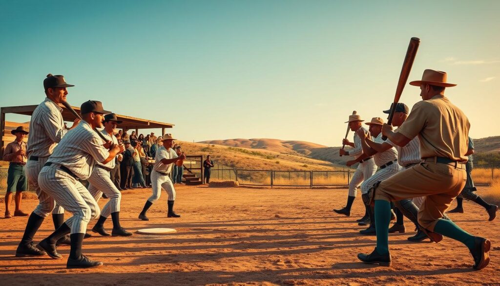 A vibrant scene depicting early Texas pioneers engaged in baseball on a dusty field. In the foreground, a diverse group of players in vintage baseball uniforms from the late 1800s showcase classic poses, bat in hand, ready to hit or pitch. Their expressions are filled with determination and teamwork. In the middle ground, an old wooden bleacher filled with enthusiastic fans in period attire, clapping and cheering, captures the excitement of the game. The background features rolling Texan hills under a bright blue sky with soft, warm lighting suggesting late afternoon sun. The image conveys a nostalgic atmosphere, celebrating the spirit and camaraderie of early Texas baseball, with a focus on tradition and teamwork. A vibrant scene depicting early Texas pioneers engaged in baseball on a dusty field. In the foreground, a diverse group of players in vintage baseball uniforms from the late 1800s showcase classic poses, bat in hand, ready to hit or pitch. Their expressions are filled with determination and teamwork. In the middle ground, an old wooden bleacher filled with enthusiastic fans in period attire, clapping and cheering, captures the excitement of the game. The background features rolling Texan hills under a bright blue sky with soft, warm lighting suggesting late afternoon sun. The image conveys a nostalgic atmosphere, celebrating the spirit and camaraderie of early Texas baseball, with a focus on tradition and teamwork.