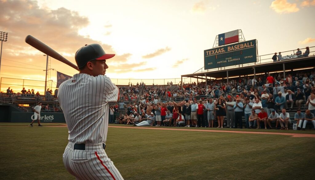 A vintage baseball field scene capturing the rich historical context of Texas baseball. In the foreground, an iconic baseball player in professional attire, poised mid-swing, is depicted with intense concentration. In the middle ground, a diverse crowd of cheering fans, dressed in 1960s attire, passionately supports their team. The background features an old-fashioned scoreboard, rustic bleachers, and a clear Texas sky blending into soft sunset hues, casting warm, nostalgic light over the scene. The angle is slightly elevated, providing a dynamic view of the action and atmosphere. The mood is vibrant and nostalgic, evoking a sense of unity and pride in Texas baseball history. No text or overlays are included. A vintage baseball field scene capturing the rich historical context of Texas baseball. In the foreground, an iconic baseball player in professional attire, poised mid-swing, is depicted with intense concentration. In the middle ground, a diverse crowd of cheering fans, dressed in 1960s attire, passionately supports their team. The background features an old-fashioned scoreboard, rustic bleachers, and a clear Texas sky blending into soft sunset hues, casting warm, nostalgic light over the scene. The angle is slightly elevated, providing a dynamic view of the action and atmosphere. The mood is vibrant and nostalgic, evoking a sense of unity and pride in Texas baseball history. No text or overlays are included.