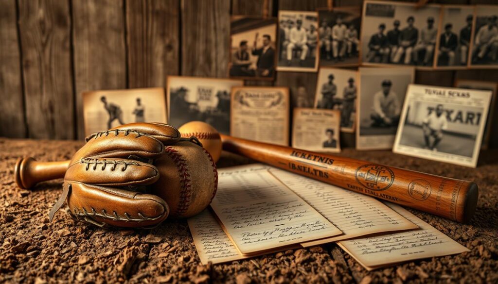A vintage display of 19th-century baseball artifacts set against a rustic wooden backdrop. Foreground features an antique baseball glove, a wooden bat with intricate engravings, and a leather ball worn from use, arranged artistically on a weathered baseball field. In the middle ground, a collection of handwritten records and early baseball cards are spread out, showcasing historic player statistics and team rosters, illuminated by soft, warm lighting that evokes nostalgia. The background is filled with faded photographs of early Texas baseball teams, subtly blurred to create depth. The atmosphere is rich with history, capturing the spirit and passion of the early days of baseball in Texas. Use a natural lens with a shallow depth of field to highlight the artifacts while softly blurring the background. A vintage display of 19th-century baseball artifacts set against a rustic wooden backdrop. Foreground features an antique baseball glove, a wooden bat with intricate engravings, and a leather ball worn from use, arranged artistically on a weathered baseball field. In the middle ground, a collection of handwritten records and early baseball cards are spread out, showcasing historic player statistics and team rosters, illuminated by soft, warm lighting that evokes nostalgia. The background is filled with faded photographs of early Texas baseball teams, subtly blurred to create depth. The atmosphere is rich with history, capturing the spirit and passion of the early days of baseball in Texas. Use a natural lens with a shallow depth of field to highlight the artifacts while softly blurring the background.