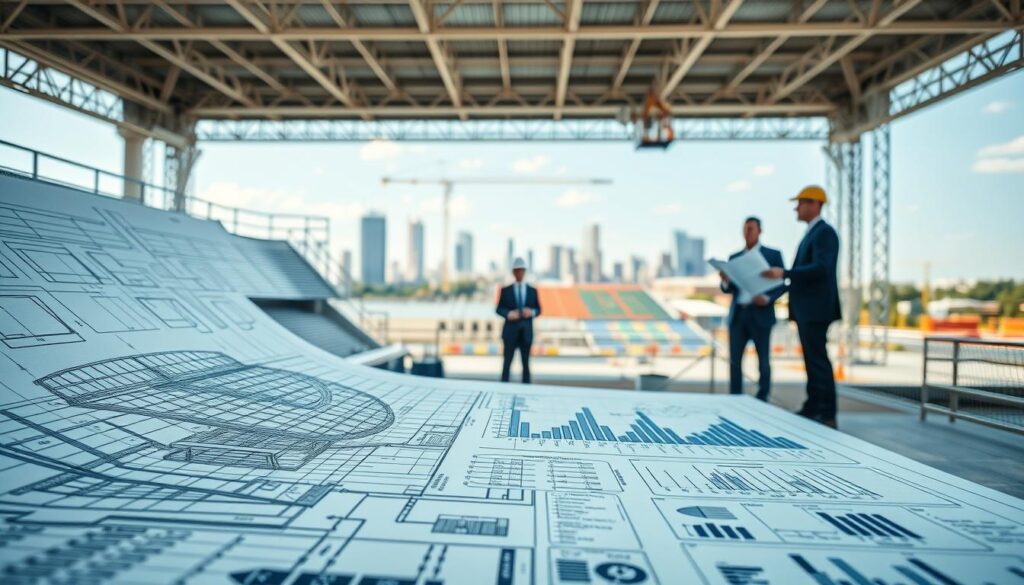 A detailed architectural blueprint of a modern stadium occupies the foreground, showcasing intricate lines and structural concepts, with annotations in blueprint style. Overlaying the blueprint are financial charts and graphs, depicting growth projections and investment breakdowns, emphasizing the intersection of design and finance. The middle ground features a soft-focus view of a construction site with workers in professional business attire, deeply engaged in discussion and holding blueprints. The background includes a distant skyline of Texas, suggesting the context of the stadium's location. The scene is bathed in natural light, creating a sense of optimism and ambition. The angle captures a dynamic perspective, highlighting both the artistry of architecture and the pragmatism of financial planning, in a professional and inspiring atmosphere. A detailed architectural blueprint of a modern stadium occupies the foreground, showcasing intricate lines and structural concepts, with annotations in blueprint style. Overlaying the blueprint are financial charts and graphs, depicting growth projections and investment breakdowns, emphasizing the intersection of design and finance. The middle ground features a soft-focus view of a construction site with workers in professional business attire, deeply engaged in discussion and holding blueprints. The background includes a distant skyline of Texas, suggesting the context of the stadium's location. The scene is bathed in natural light, creating a sense of optimism and ambition. The angle captures a dynamic perspective, highlighting both the artistry of architecture and the pragmatism of financial planning, in a professional and inspiring atmosphere.