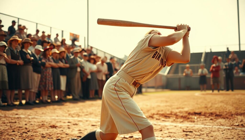 A determined historical female baseball player, mid-swing, exuding passion and strength on the baseball diamond. She wears a classic, vintage women's baseball uniform characterized by a knee-length skirt and a fitted jersey, which reflects the 1940s era. The foreground captures her intense expression and precise form, as she faces the viewer while in action. In the middle ground, a diverse crowd of supportive fans in 1940s attire watches eagerly, showcasing the growing interest in women's sports. The background features an old-fashioned baseball field under smooth daylight, with a hint of dusty bleachers. Warm, golden lighting creates a nostalgic atmosphere, evoking the spirit of pioneering women in baseball history. The scene is captured from a low angle, emphasizing the player's dynamic movement and athleticism.