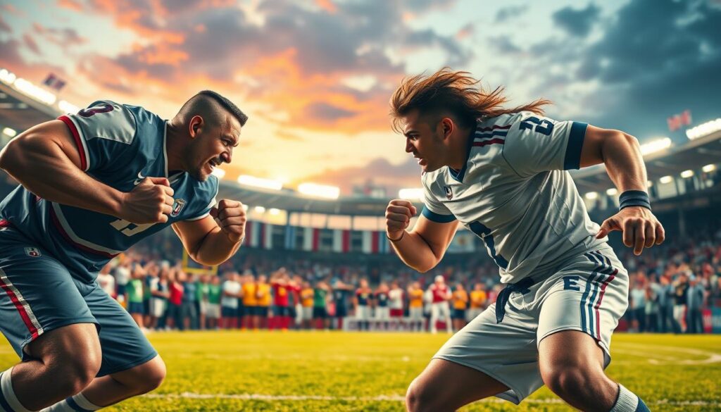 A dynamic composition depicting two legendary athletes engaged in a fierce showdown on a vibrant sports field. In the foreground, the players are in professional athletic attire, showcasing intense expressions and athletic poses, conveying the spirit of rivalry. One player, representing strength and determination, with striking features and a focused gaze, prepares to make a game-winning move. The other, embodying agility and speed, leans forward, ready to counter, with determination written all over their face. The middle ground features cheering fans in colorful team jerseys, creating a lively atmosphere, while banners flutter in the breeze. The background includes a stadium lit by bright, warm lights under a twilight sky, adding excitement to the scene. Capture the energy and tension using a slightly low angle to emphasize the athletes' stature, with dramatic lighting highlighting their intensity and the shared passion of sportsmanship. A dynamic composition depicting two legendary athletes engaged in a fierce showdown on a vibrant sports field. In the foreground, the players are in professional athletic attire, showcasing intense expressions and athletic poses, conveying the spirit of rivalry. One player, representing strength and determination, with striking features and a focused gaze, prepares to make a game-winning move. The other, embodying agility and speed, leans forward, ready to counter, with determination written all over their face. The middle ground features cheering fans in colorful team jerseys, creating a lively atmosphere, while banners flutter in the breeze. The background includes a stadium lit by bright, warm lights under a twilight sky, adding excitement to the scene. Capture the energy and tension using a slightly low angle to emphasize the athletes' stature, with dramatic lighting highlighting their intensity and the shared passion of sportsmanship.
