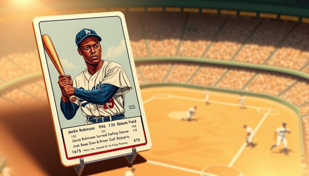 A dynamic illustration showcasing Jackie Robinson's baseball stats and his impact on integration, presented in a layered composition. In the foreground, a vintage-style baseball card featuring Jackie Robinson in a classic Dodgers uniform, holding a bat and exuding determination. The middle layer depicts a baseball diamond with players on the field, highlighting key moments of Robinson's base running and stealing. In the background, a soft-focus crowd at Ebbets Field, capturing the excitement of the era. Use warm, nostalgic lighting to evoke a sense of history and significance, with a slight vignette to draw attention to the foreground. The overall mood should be one of triumph and inspiration, reflecting Jackie Robinson's groundbreaking contributions to baseball and society.