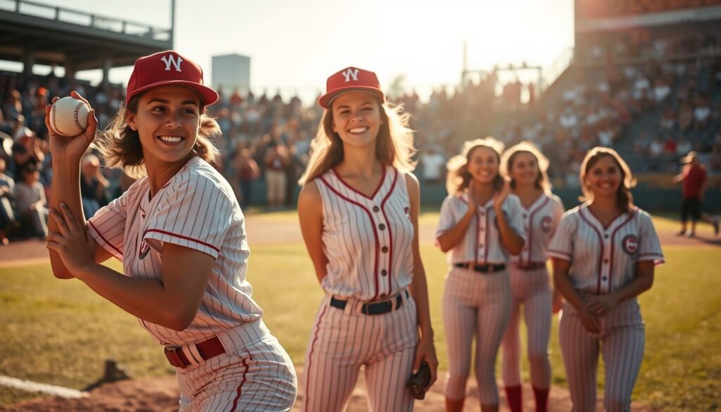 A dynamic scene capturing the essence of women's baseball history, featuring a diverse group of women athletes in vintage baseball uniforms, showcasing their strength and determination. In the foreground, a female pitcher winds up for a throw, exuding confidence, while two teammates cheer in the middle ground. The background reveals a sunlit baseball field, with an audience of women supporting them, representing unity in the face of challenges. The lighting is warm, creating an inspiring atmosphere, highlighting facial expressions of resilience and hope. The image is captured from a slightly low angle to emphasize the athletes’ stature, with a soft-focus on the audience, adding depth to the scene. The composition reflects breaking barriers, illustrating the courage and trailblazing spirit of these women in Texas baseball history.