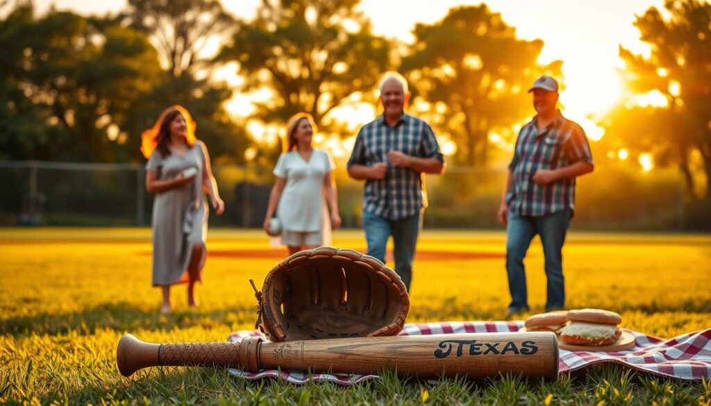 A heartwarming scene of a multigenerational Texas baseball family at a lush, sunlit baseball field. In the foreground, a group of four family members, dressed in matching modest casual clothing, are joyfully playing catch. The middle ground features an old, well-loved baseball glove leaning against a weathered wooden bat, symbolizing family traditions, alongside a traditional picnic setup with a checkered blanket and sandwiches. The background showcases a vibrant sunset, casting a golden glow over the diamond and surrounding Texas landscape, evoking nostalgia and warmth. Soft, natural lighting enhances the familial bonds and sense of community, creating a cheerful atmosphere filled with love and shared history through generations of baseball passion.
