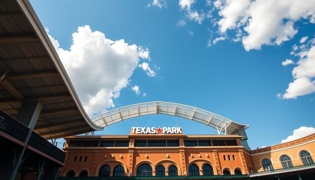 A stunning view of a historic Texas ballpark capturing its iconic roof structure, showcasing intricate architectural details. In the foreground, highlight the elegant curvature and unique materials of the roof, perhaps with sunlight glinting off metal elements. In the middle ground, display the grand facade of the ballpark, featuring ornate brickwork and arched entrances, embodying a blend of vintage charm and modern engineering. The background should include a clear blue sky, emphasizing the scale of the structure against a backdrop of cotton candy clouds. Use natural lighting to create a warm and inviting atmosphere, capturing the essence of Texas pride. The perspective should be slightly elevated to showcase both the roof and the surrounding setting, evoking a sense of nostalgia and admiration.