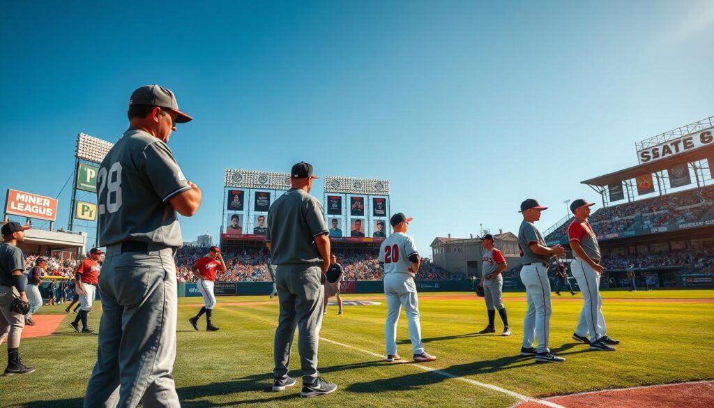 A vibrant baseball field scene under a clear blue sky, depicting a minor league game in progress. In the foreground, a group of young, diverse players in professional uniforms practicing on the field, showing determination and focus as they train under the watchful eye of a seasoned manager in casual yet professional attire. In the middle ground, coaches examine players, discussing strategies with enthusiasm, while a passionate crowd of fans in the stands cheers on their team. The background features a picturesque minor league stadium, adorned with banners celebrating player achievements. The lighting is warm and dynamic, enhancing the excitement of the game, with a low angle view that highlights the players' intensity. The mood is upbeat and inspiring, capturing the essence of development and the journey to the big leagues. A vibrant baseball field scene under a clear blue sky, depicting a minor league game in progress. In the foreground, a group of young, diverse players in professional uniforms practicing on the field, showing determination and focus as they train under the watchful eye of a seasoned manager in casual yet professional attire. In the middle ground, coaches examine players, discussing strategies with enthusiasm, while a passionate crowd of fans in the stands cheers on their team. The background features a picturesque minor league stadium, adorned with banners celebrating player achievements. The lighting is warm and dynamic, enhancing the excitement of the game, with a low angle view that highlights the players' intensity. The mood is upbeat and inspiring, capturing the essence of development and the journey to the big leagues.