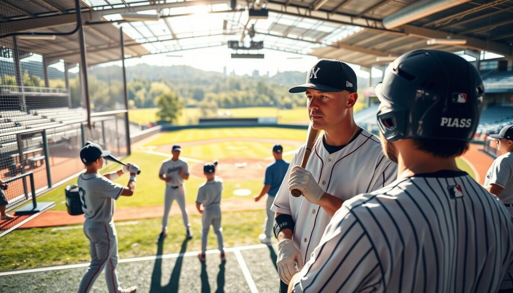 A vibrant scene showcasing modern player development in baseball, featuring a dynamic minor league training facility. In the foreground, a focused coach, dressed in professional baseball attire, provides instruction to a diverse group of young athletes practicing batting techniques with modern equipment. The middle ground displays a state-of-the-art training area, complete with advanced analytics screens and training tools. In the background, lush green fields and a baseball diamond under bright afternoon sunlight create an energetic atmosphere. The image captures the intensity of training with a soft focus on the athletes, emphasizing teamwork and dedication, conveying a sense of hope and achievement as they aspire to become stars in the game, shot with a wide-angle lens for depth. A vibrant scene showcasing modern player development in baseball, featuring a dynamic minor league training facility. In the foreground, a focused coach, dressed in professional baseball attire, provides instruction to a diverse group of young athletes practicing batting techniques with modern equipment. The middle ground displays a state-of-the-art training area, complete with advanced analytics screens and training tools. In the background, lush green fields and a baseball diamond under bright afternoon sunlight create an energetic atmosphere. The image captures the intensity of training with a soft focus on the athletes, emphasizing teamwork and dedication, conveying a sense of hope and achievement as they aspire to become stars in the game, shot with a wide-angle lens for depth.