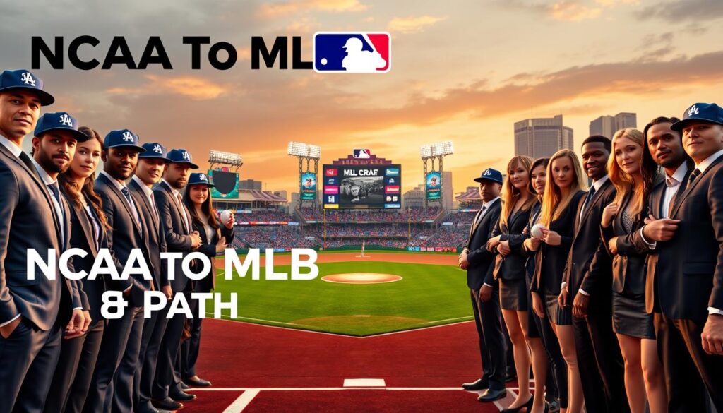 A visually engaging representation of the "NCAA to MLB Draft Path." In the foreground, a diverse group of young athletes, dressed in professional business attire, stands confidently, each holding a baseball or wearing a cap with the MLB logo. In the middle, depict a dynamic transition: an NCAA baseball field merging into an MLB stadium, showcasing vibrant team colors and cheering fans. In the background, add a dramatic skyline of a city, symbolizing the journey from college grounds to major league dreams. Utilize warm sunset lighting to create an inspiring atmosphere, with a focus on the athletes' determined expressions. The angle should be slightly low to emphasize their ambition and the expansive path before them. A visually engaging representation of the "NCAA to MLB Draft Path." In the foreground, a diverse group of young athletes, dressed in professional business attire, stands confidently, each holding a baseball or wearing a cap with the MLB logo. In the middle, depict a dynamic transition: an NCAA baseball field merging into an MLB stadium, showcasing vibrant team colors and cheering fans. In the background, add a dramatic skyline of a city, symbolizing the journey from college grounds to major league dreams. Utilize warm sunset lighting to create an inspiring atmosphere, with a focus on the athletes' determined expressions. The angle should be slightly low to emphasize their ambition and the expansive path before them.