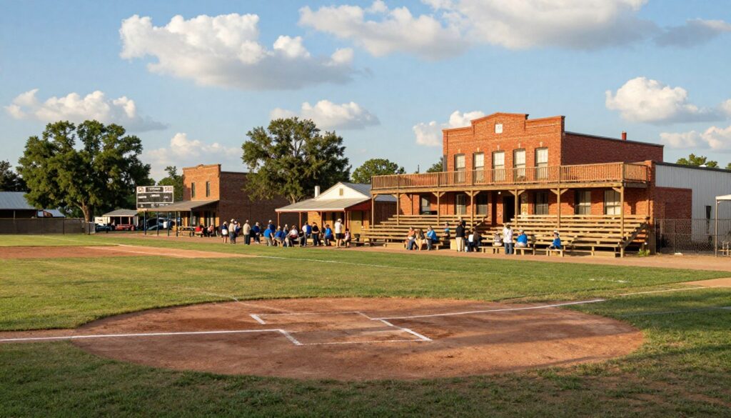 A charming, historic minor league baseball park nestled in a small Texas town, featuring classic red brick and wooden bleachers with a rustic charm. In the foreground, a well-maintained grassy field with a worn dirt infield, complete with white chalk lines. In the middle ground, clusters of fans in modest casual attire gathered along the sidelines, enjoying the game with enthusiasm. The background showcases a vintage scoreboard, surrounded by gently swaying trees, under a bright blue sky filled with cotton candy clouds. Soft late afternoon sunlight casts warm shadows, enhancing the nostalgic atmosphere. The image is captured from a slightly elevated angle, giving a sweeping view of the park and its lively surroundings, evoking civic pride and community spirit. A charming, historic minor league baseball park nestled in a small Texas town, featuring classic red brick and wooden bleachers with a rustic charm. In the foreground, a well-maintained grassy field with a worn dirt infield, complete with white chalk lines. In the middle ground, clusters of fans in modest casual attire gathered along the sidelines, enjoying the game with enthusiasm. The background showcases a vintage scoreboard, surrounded by gently swaying trees, under a bright blue sky filled with cotton candy clouds. Soft late afternoon sunlight casts warm shadows, enhancing the nostalgic atmosphere. The image is captured from a slightly elevated angle, giving a sweeping view of the park and its lively surroundings, evoking civic pride and community spirit.