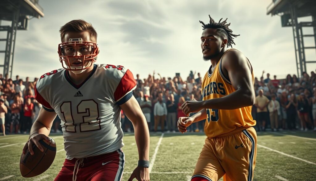 A dynamic scene depicting a historical sports montage celebrating the endurance and tenacity of athletes known for their unbreakable records. In the foreground, two athletes in professional sports attire, one a football player and the other a basketball player, display intense focus and determination as they compete in their respective sports. In the middle ground, a diverse group of spectators cheer, creating an atmosphere of excitement and inspiration. The background features iconic sports venues, subtly blended with faded images of famous records and statistics, hinting at the rich history of sports. Soft, dramatic lighting casts shadows to enhance the intensity of the moment, capturing the essence of competition and legacy. The composition is shot from a low angle, emphasizing the athletes’ stature and the thrill of the sporting event. A dynamic scene depicting a historical sports montage celebrating the endurance and tenacity of athletes known for their unbreakable records. In the foreground, two athletes in professional sports attire, one a football player and the other a basketball player, display intense focus and determination as they compete in their respective sports. In the middle ground, a diverse group of spectators cheer, creating an atmosphere of excitement and inspiration. The background features iconic sports venues, subtly blended with faded images of famous records and statistics, hinting at the rich history of sports. Soft, dramatic lighting casts shadows to enhance the intensity of the moment, capturing the essence of competition and legacy. The composition is shot from a low angle, emphasizing the athletes’ stature and the thrill of the sporting event.