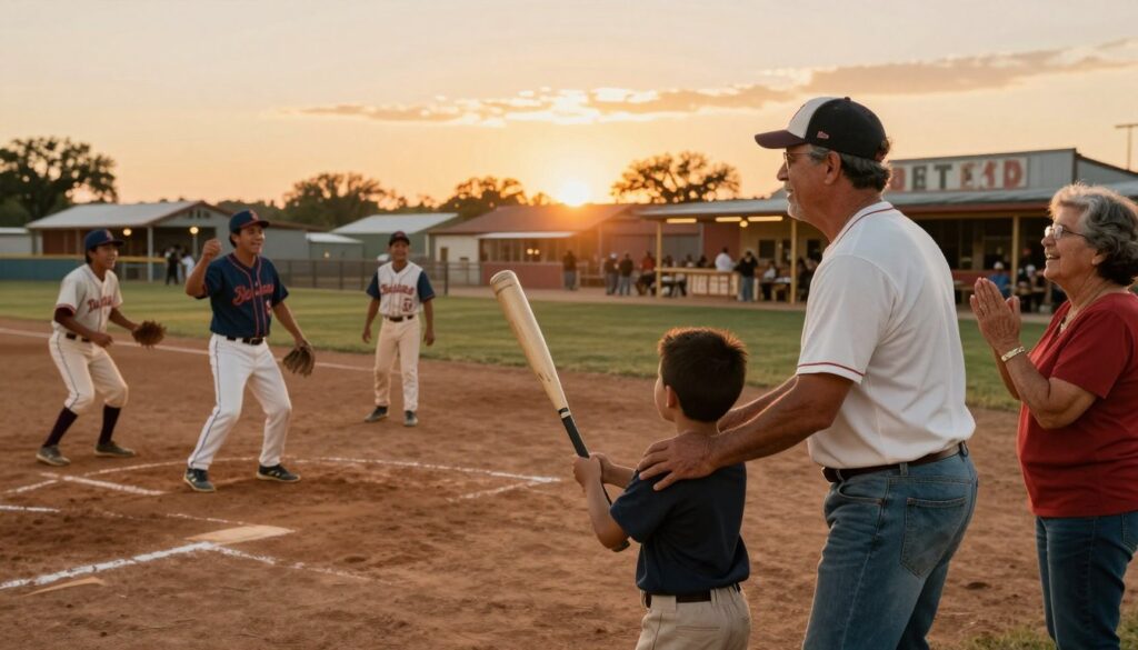 A dynamic scene showcasing South Texas baseball icons and family dynasties, featuring three generations of family members in modest casual clothing, joyfully participating in a local baseball game. In the foreground, a proud father in a team cap teaches his young son how to hold a baseball bat, while a grandmother cheers from the side. The middle ground captures a lively game atmosphere with players in vintage baseball uniforms representing the Tejano community, showcasing their striking connection to their heritage. In the background, a vibrant Texas sunset casts warm golden light, illuminating rustic storefronts and a dusty baseball field. The lens captures a sense of nostalgia and pride, conveying a rich cultural history and the close-knit nature of family legacies in baseball.