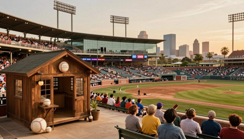 A historical timeline showcasing the evolution of ballpark design, featuring a foreground split between a quaint wooden park from the early 1900s, beautifully adorned with classic baseball paraphernalia and cheering fans in modest vintage clothing. The middle ground transitions to a lively 1950s brick stadium filled with spectators in casual, colorful attire, capturing the essence of mid-century Americana. In the background, a sleek, modern ballpark with glass facades and vibrant LED signage epitomizes contemporary design, surrounded by a bustling cityscape of Texas with skyscrapers and palm trees under a warm, golden sunset. Soft shadows and warm lighting create a nostalgic yet forward-looking atmosphere, enhancing the sense of progression through time in baseball architecture. Use a wide-angle lens perspective to capture the breadth of this architectural journey.