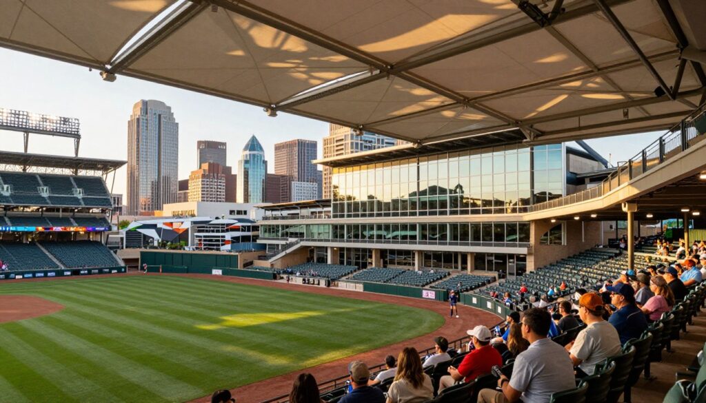 A modern baseball stadium under an expansive, retractable canopy, showcasing innovative urban renewal design elements. In the foreground, lush green grass of the outfield contrasts with sleek, shaded seating areas filled with diverse fans in professional casual attire, enjoying a game. The middle ground features the ballpark's striking architectural details, with geometric shapes and large glass panels reflecting sunlight, while providing substantial cooling shade. In the background, a vibrant Texas city skyline is visible, bathed in warm golden hour lighting, enhancing the inviting atmosphere. The scene focuses on the interaction of natural light filtering through the retractable roof, creating playful shadows, and evoking a sense of comfort and excitement typical of summer evenings at the ballpark.