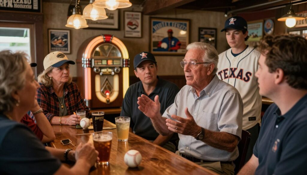 A nostalgic scene capturing the essence of Texas League oral histories, portraying a group of diverse fans in a cozy, rustic bar filled with memorabilia from local baseball teams. In the foreground, an older gentleman in a business-casual shirt animatedly recounts a story, surrounded by attentive listeners, including a middle-aged woman with a retro cap and a young man in a Texas League jersey. The middle layer features a vintage jukebox playing classic tunes, while the bar's wooden counter is dotted with baseball memorabilia and drinks. In the background, soft, warm lighting casts a golden hue, creating an inviting atmosphere. The lens captures an intimate angle, highlighting the camaraderie and pride associated with the Texas League. A nostalgic scene capturing the essence of Texas League oral histories, portraying a group of diverse fans in a cozy, rustic bar filled with memorabilia from local baseball teams. In the foreground, an older gentleman in a business-casual shirt animatedly recounts a story, surrounded by attentive listeners, including a middle-aged woman with a retro cap and a young man in a Texas League jersey. The middle layer features a vintage jukebox playing classic tunes, while the bar's wooden counter is dotted with baseball memorabilia and drinks. In the background, soft, warm lighting casts a golden hue, creating an inviting atmosphere. The lens captures an intimate angle, highlighting the camaraderie and pride associated with the Texas League.