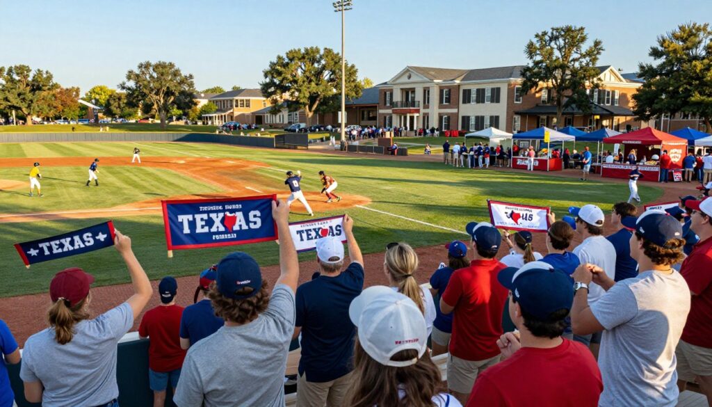 A vibrant Texas college baseball game-day scene filled with excitement and tradition. In the foreground, enthusiastic fans in modest casual clothing, holding team banners and wearing caps, cheer passionately for their teams. In the middle ground, a lively baseball diamond with players in colorful uniforms engaged in a thrilling game, showcasing dynamic action and sportsmanship. The background reveals a sunlit campus with historic buildings, while food stands offer local Texas snacks, and tailgating fans enjoy gathering festivities. Bright blue skies and warm, golden sunlight create a cheerful, warm atmosphere. Capture this scene from a slightly elevated angle, using a wide lens to encompass the lively crowd and energetic environment. A vibrant Texas college baseball game-day scene filled with excitement and tradition. In the foreground, enthusiastic fans in modest casual clothing, holding team banners and wearing caps, cheer passionately for their teams. In the middle ground, a lively baseball diamond with players in colorful uniforms engaged in a thrilling game, showcasing dynamic action and sportsmanship. The background reveals a sunlit campus with historic buildings, while food stands offer local Texas snacks, and tailgating fans enjoy gathering festivities. Bright blue skies and warm, golden sunlight create a cheerful, warm atmosphere. Capture this scene from a slightly elevated angle, using a wide lens to encompass the lively crowd and energetic environment.