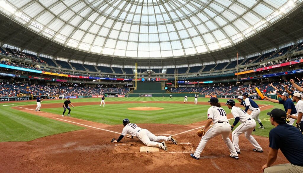 A vibrant baseball game unfolding inside a majestic domed stadium, showcasing fans in the stands, dressed in casual sports attire, cheering enthusiastically. In the foreground, a diverse group of players in crisp white and team-colored uniforms is engaged in an exciting play at home plate, with one player sliding in for a dramatic finish. The middle ground reveals players on the field, a vivid green outfield, and bases clearly marked. In the background, the glowing dome envelops the scene, with bright stadium lights illuminating the action and colorful banners showcasing team logos. The atmosphere is electric, filled with anticipation and joy under the expansive dome, captured from a low angle to emphasize the scale of the stadium. The lighting is bright, evoking a sense of excitement and camaraderie. A vibrant baseball game unfolding inside a majestic domed stadium, showcasing fans in the stands, dressed in casual sports attire, cheering enthusiastically. In the foreground, a diverse group of players in crisp white and team-colored uniforms is engaged in an exciting play at home plate, with one player sliding in for a dramatic finish. The middle ground reveals players on the field, a vivid green outfield, and bases clearly marked. In the background, the glowing dome envelops the scene, with bright stadium lights illuminating the action and colorful banners showcasing team logos. The atmosphere is electric, filled with anticipation and joy under the expansive dome, captured from a low angle to emphasize the scale of the stadium. The lighting is bright, evoking a sense of excitement and camaraderie.