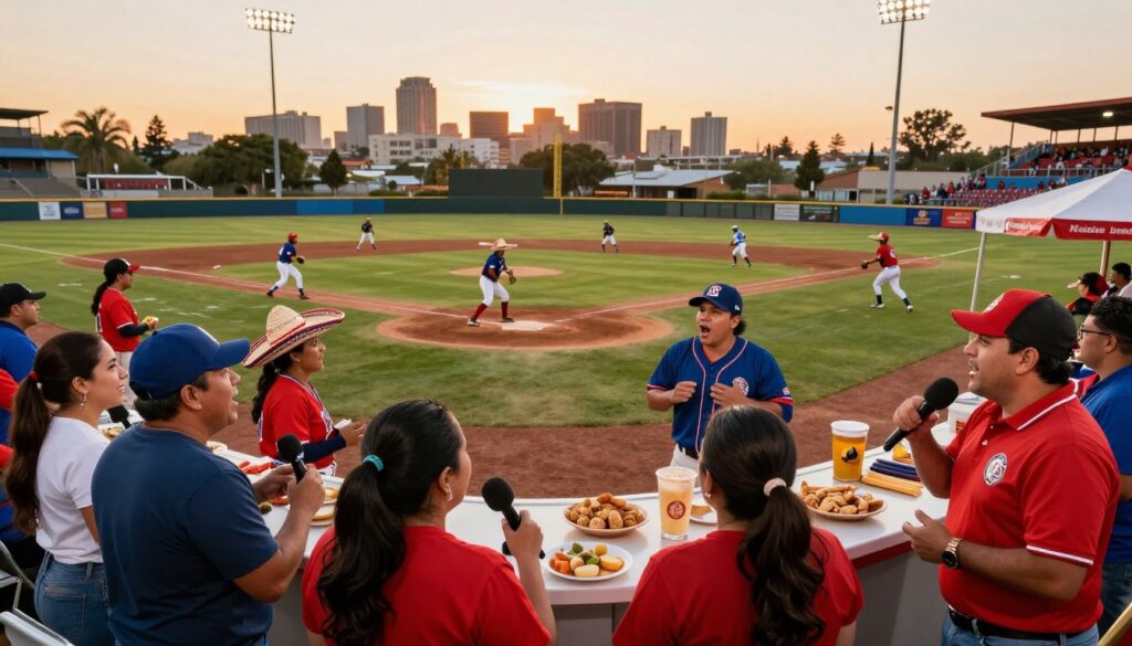 A vibrant baseball scene capturing the essence of bilingual broadcasts in a Mexican American league game. In the foreground, a diverse group of fans dressed in casual attire, passionately listening to a bilingual commentator at a microphone, with animated expressions reflecting excitement. The middle ground features a baseball diamond, with players in colorful uniforms and traditional sombreros, engaging in spirited play. Surrounding them are food stands selling popular cultural snacks, enhancing the festive atmosphere. In the background, a city skyline under a warm sunset casts a golden light over the field, invoking a sense of community and celebration. The image is lively and energetic, portraying a joyous blend of cultures, rich in tradition and spirit, perfect for illustrating the intersection of culture and sports. A vibrant baseball scene capturing the essence of bilingual broadcasts in a Mexican American league game. In the foreground, a diverse group of fans dressed in casual attire, passionately listening to a bilingual commentator at a microphone, with animated expressions reflecting excitement. The middle ground features a baseball diamond, with players in colorful uniforms and traditional sombreros, engaging in spirited play. Surrounding them are food stands selling popular cultural snacks, enhancing the festive atmosphere. In the background, a city skyline under a warm sunset casts a golden light over the field, invoking a sense of community and celebration. The image is lively and energetic, portraying a joyous blend of cultures, rich in tradition and spirit, perfect for illustrating the intersection of culture and sports.