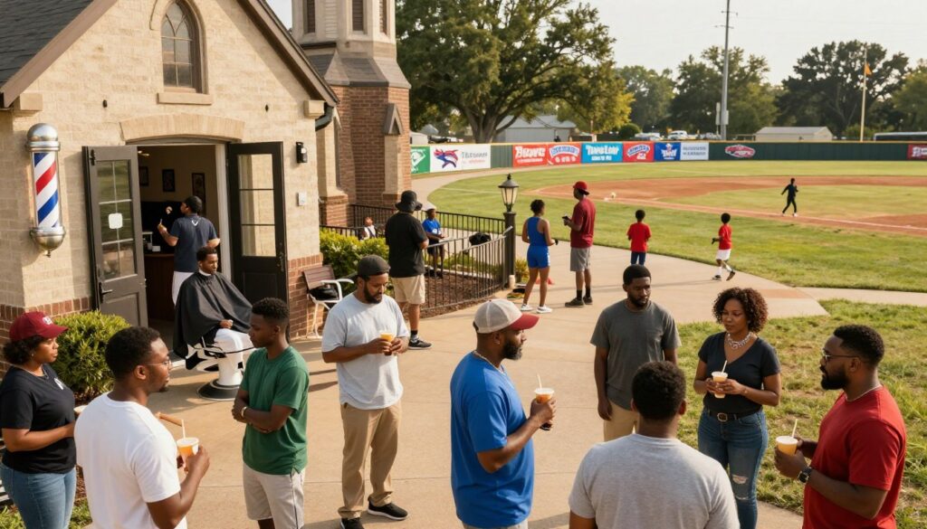 A vibrant, bustling scene depicting a Black baseball community hub on game day. In the foreground, a diverse group of men and women, dressed in modest casual clothing, are animatedly discussing the game while enjoying refreshments. The middle ground features a classic barbershop with traditional barber poles and an open door, where a barber is styling hair on a client. Nearby, a church is visible with people entering and exiting, its architecture reflecting Southern Gothic influences. In the background, colorful banners represent local baseball teams, and children are playing baseball in a nearby park. The lighting is warm and afternoon golden, casting soft shadows to create a welcoming atmosphere that embodies community spirit and cultural pride. The angle is slightly elevated, providing a comprehensive view of this lively gathering.